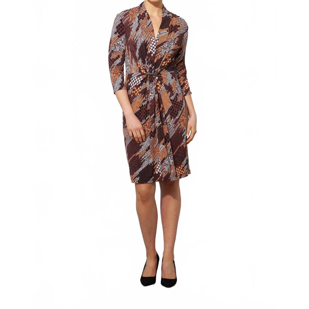 NEW JOSEPH RIBKOFF printed gathered front dress in brown multi